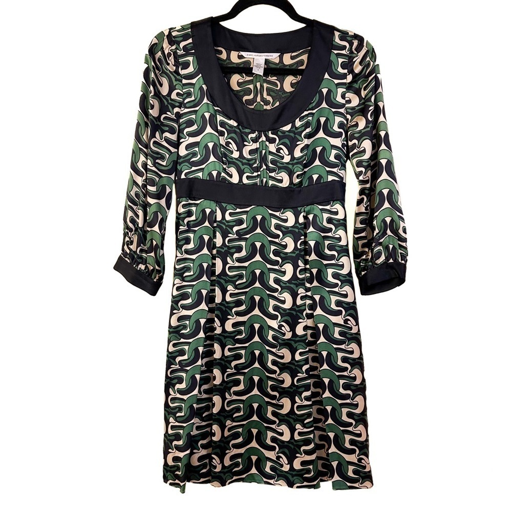 Diane Von Furstenberg Green Black Cream Geometric Silk Dress